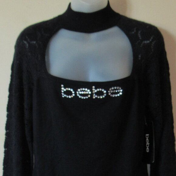 NWT Bebe Sweater Top Choker Cutout Embellished Rhinestone Logo Y2K sz Large - Picture 3 of 5